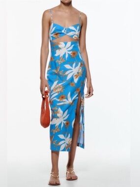 Zara Blue Tropical Floral Cutout Midi Dress XS
